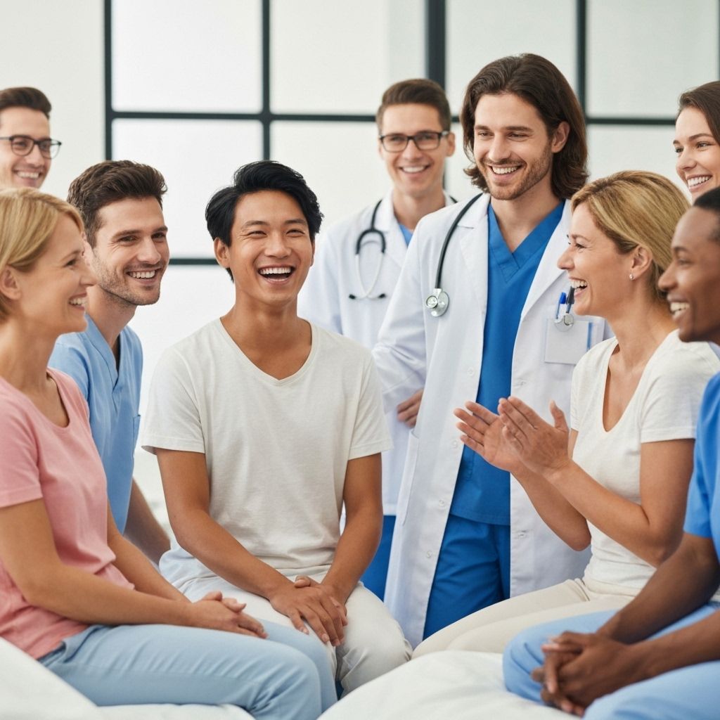 Happy patients with medical team